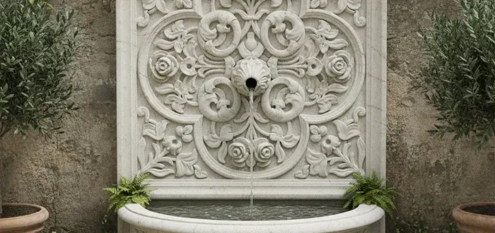 Carved white marble wall fountain with floral relief and lion spout
