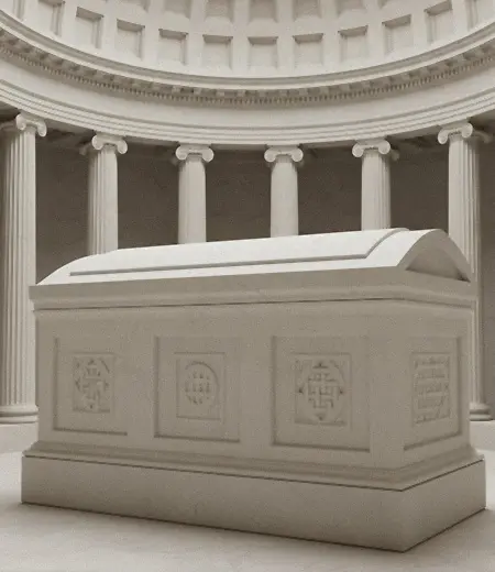 Large white marble sarcophagus with relief carving in mausoleum interior