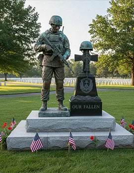 Granite military war memorial monument with soldier statue