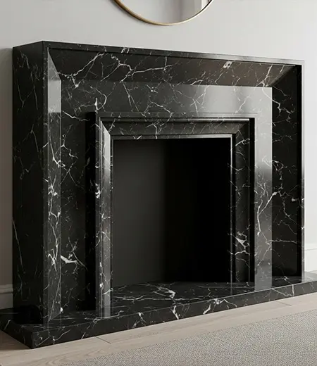 Modern black marble fireplace surround with white veins Nero Marquina