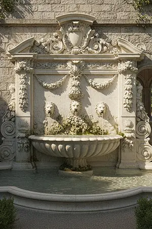 Ornate carved stone wall fountain basin close up