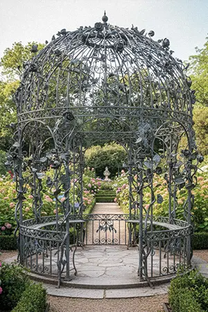 Cast iron garden pavilion with intricate vine and leaf patterns