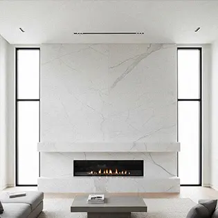 Modern luxury white marble fireplace wall floor to ceiling