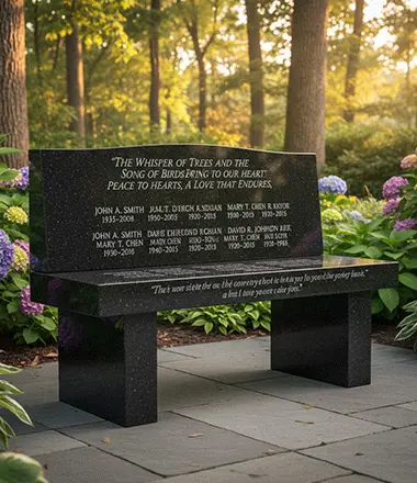 Personalized black stone memorial bench with poems in private garden