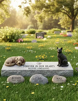 Pet dog memorial stone with cat statue in garden