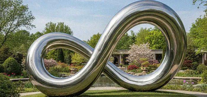 Close up of mirror polished stainless steel infinity heart sculpture reflecting trees