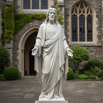 Catholic church supplies featuring marble altars, fonts, and saint statues