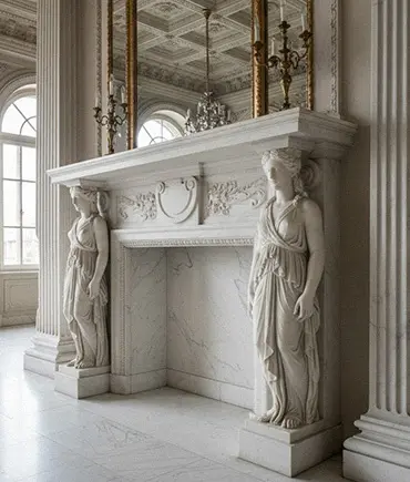 Luxury fireplace mantel with Caryatid female statue columns
