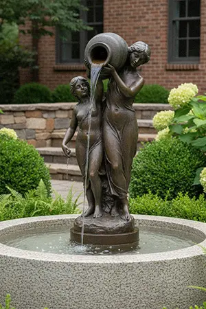 Bronze children and women statue water fountain in garden