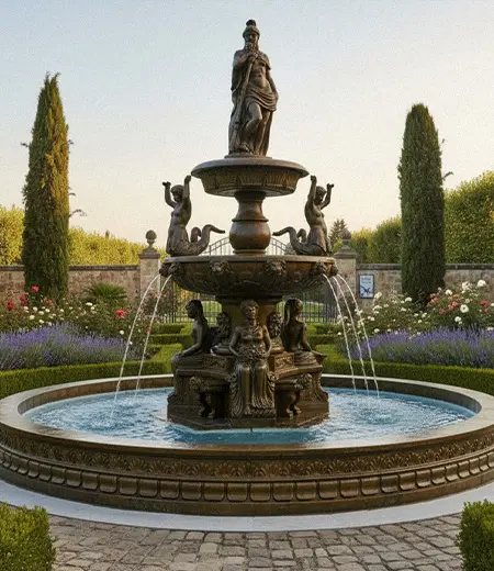 Large bronze tiered fountain with Neptune statues in pool