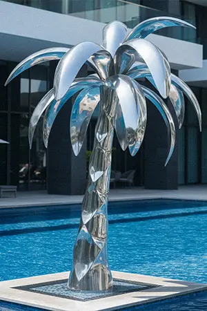 Mirror polished stainless steel palm tree sculpture by swimming pool