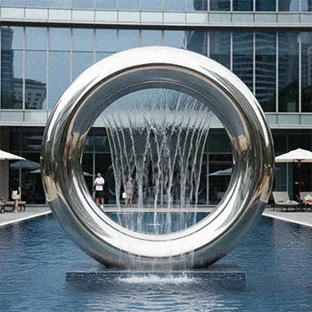 Stainless steel ring water fountain sculpture with water curtain