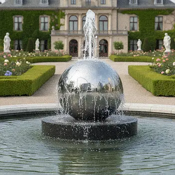 Mirror polished stainless steel sphere water fountain bubbling