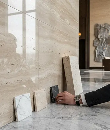 Matching marble floor tiles and wall cladding texture