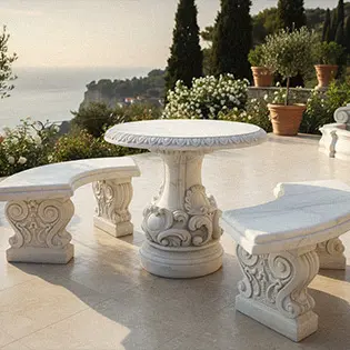 White marble round garden table and curved benches dining set