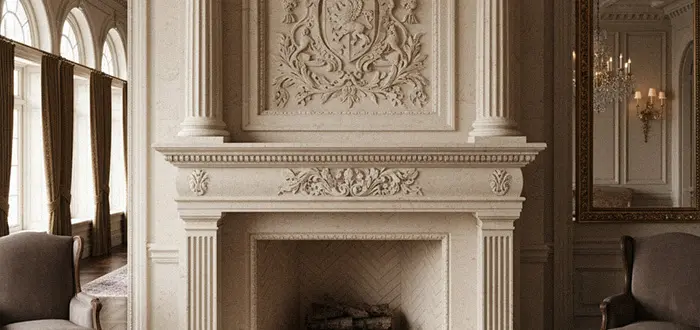 Close up of stone overmantel carving details above fireplace shelf