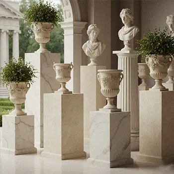 Group of white marble pedestals and plinths for displaying statues