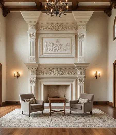 Two story limestone fireplace mantel with relief carving