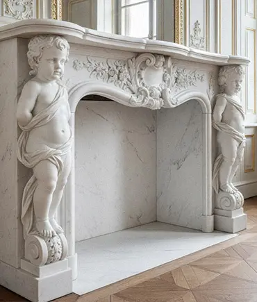 Ornate marble fireplace with cherub figures and floral relief
