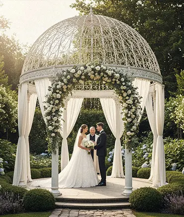 White wrought iron wedding gazebo with floral decoration for ceremony