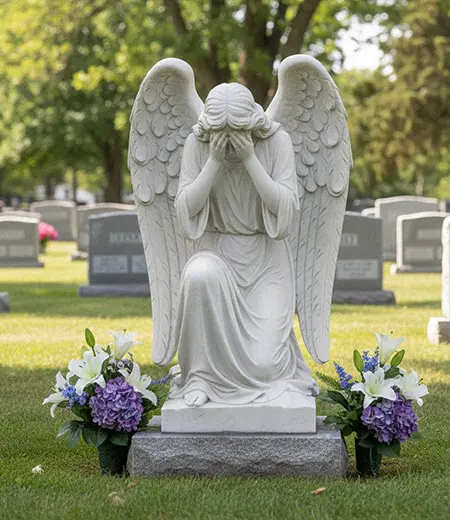 White marble weeping angel statue sitting on tombstone base