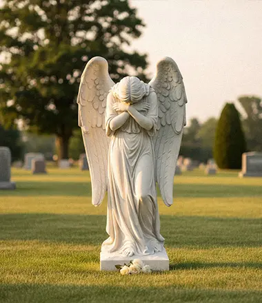 Standing white marble weeping angel statue grieving pose