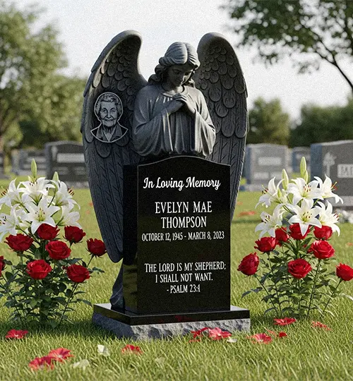 Black granite upright headstone with laser etched portrait and marble angel