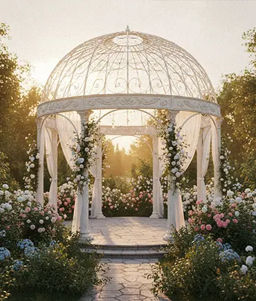 Romantic white iron dome gazebo altar in sunset garden