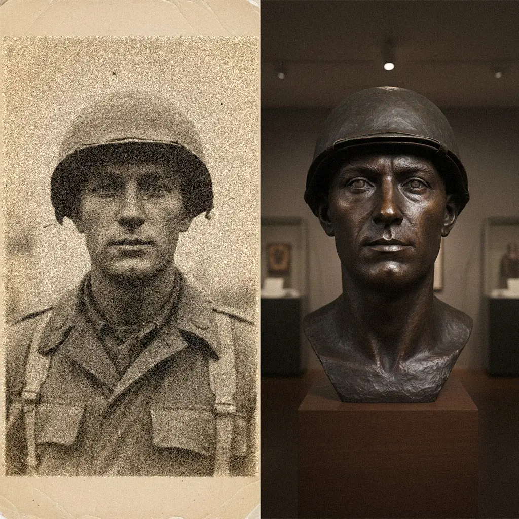 Old WWII soldier photo and custom bronze bust memorial created from historical photographs