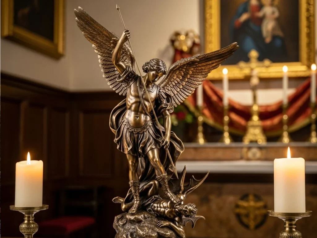24 inch bronze st michael home altar statue with candles and sacred decor