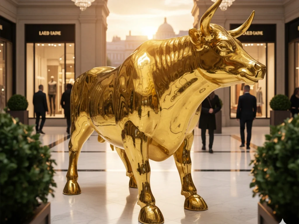 Large outdoor bull statue covered in 24K gold leaf installed in luxury urban plaza environment
