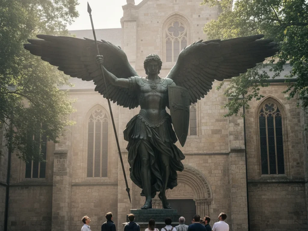6 meter monumental Archangel Michael statue showing large scale comparison with people