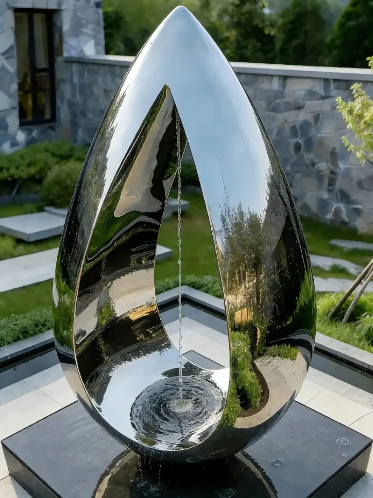 A large mirror-finished stainless steel circular water drop-shaped fountain flows within a luxurious villa.