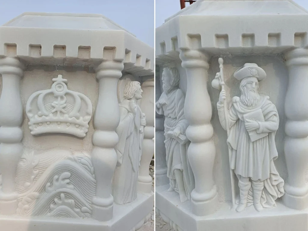Hand-carved marble relief sculptures depicting the fourteen Stations of the Cross with classical religious detailing for church and pilgrimage garden display