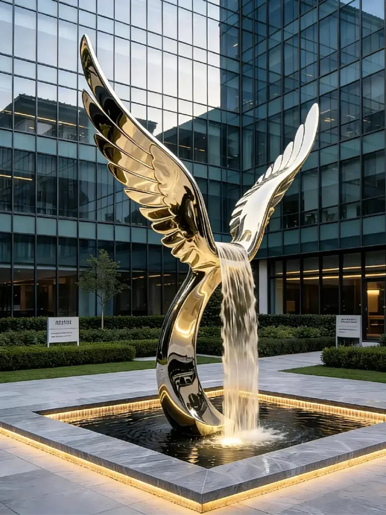 A modern stainless steel mirror-finish double-winged eagle fountain, with a cascading water curtain rushing down, is placed in front of a commercial building.