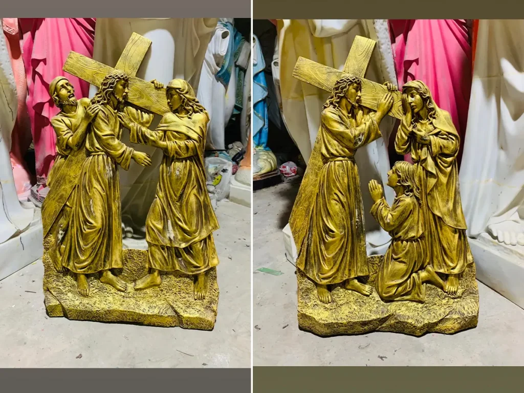 Full set of fourteen Stations of the Cross cast in brass showing high-relief Passion scenes designed for outdoor church and prayer garden installation