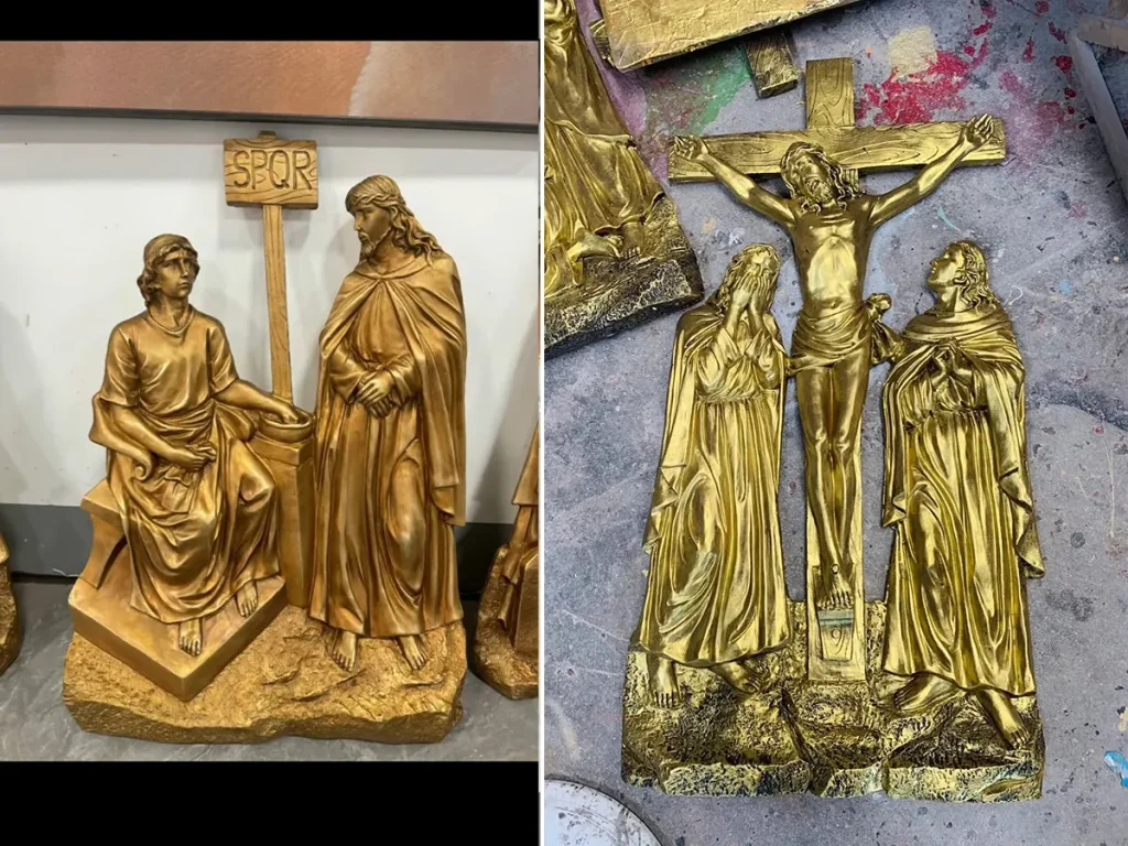 Full set of fourteen Stations of the Cross cast in brass showing high-relief Passion scenes designed for outdoor church and prayer garden installation