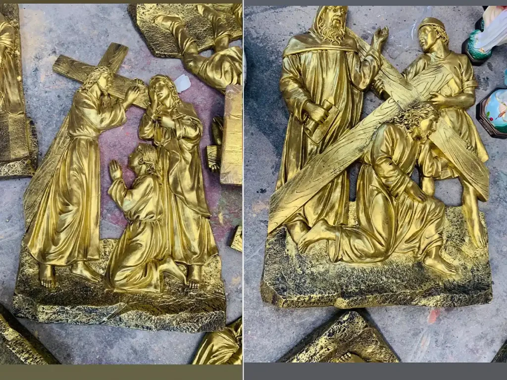 Full set of fourteen Stations of the Cross cast in brass showing high-relief Passion scenes designed for outdoor church and prayer garden installation