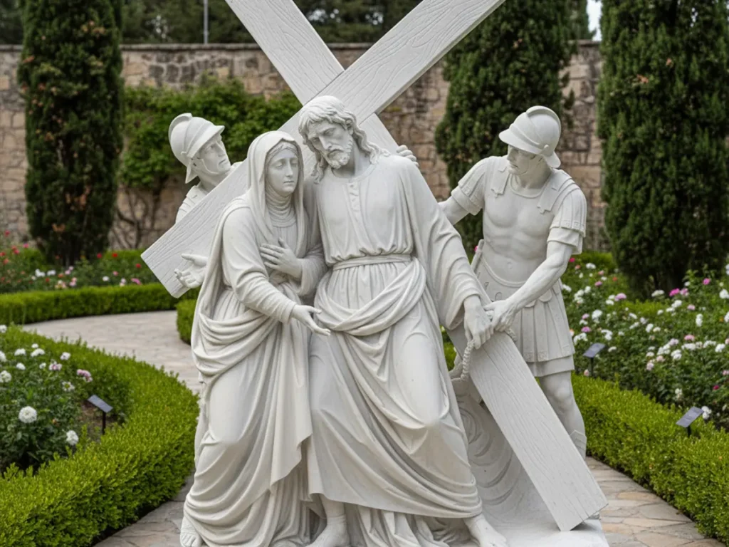 Full set of fourteen marble Stations of the Cross relief sculptures installed for outdoor prayer garden and church devotional pathway