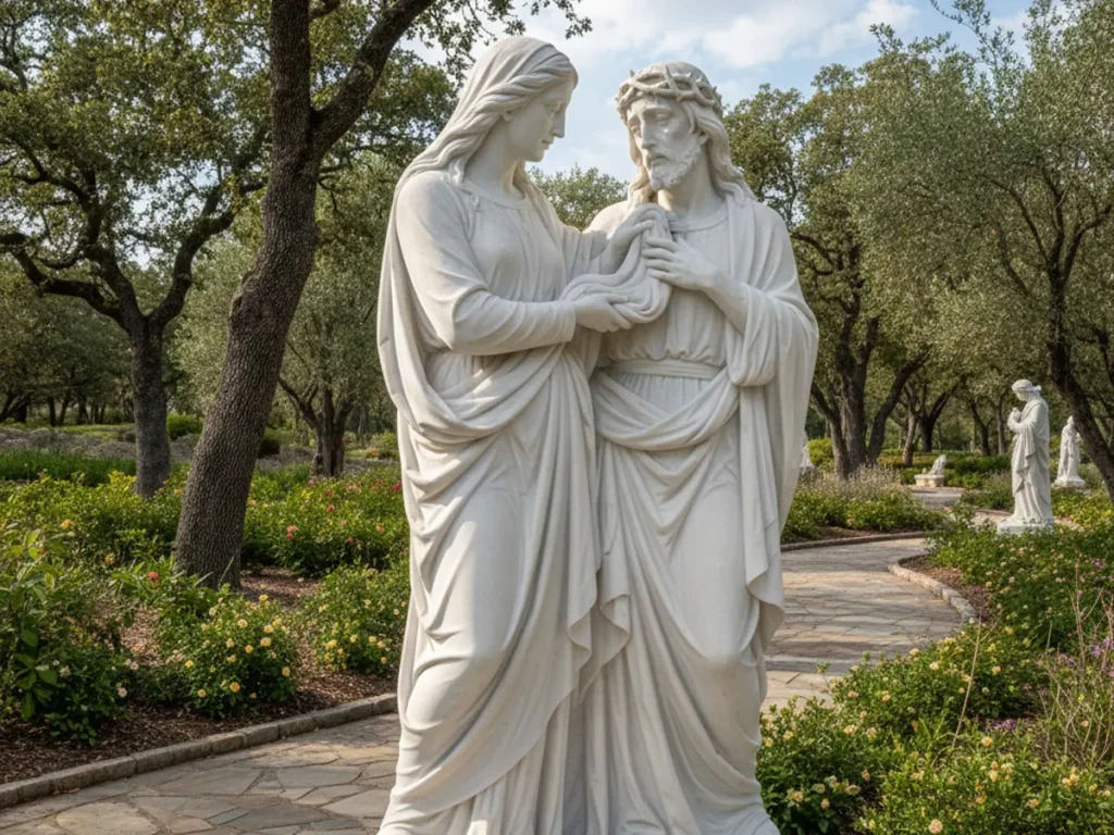 Full set of fourteen marble Stations of the Cross relief sculptures installed for outdoor prayer garden and church devotional pathway