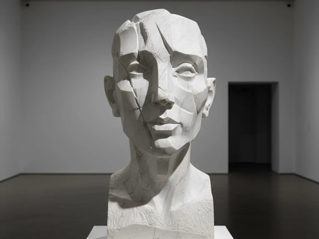 Abstract fragmented marble bust sculpture representing contemporary modern art design