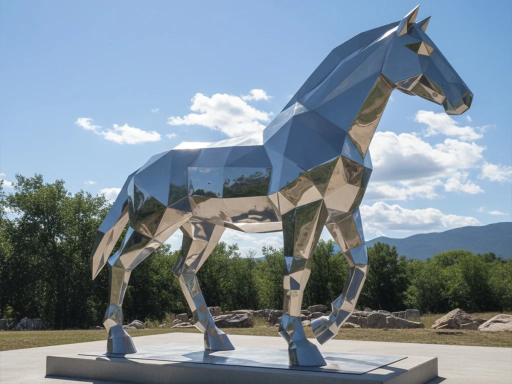 Large geometric mirror polished stainless steel horse outdoors, emphasizing modern design and reflection