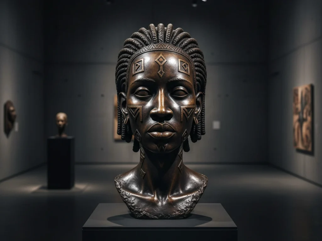 African style bronze bust sculpture featuring tribal cultural symbolism