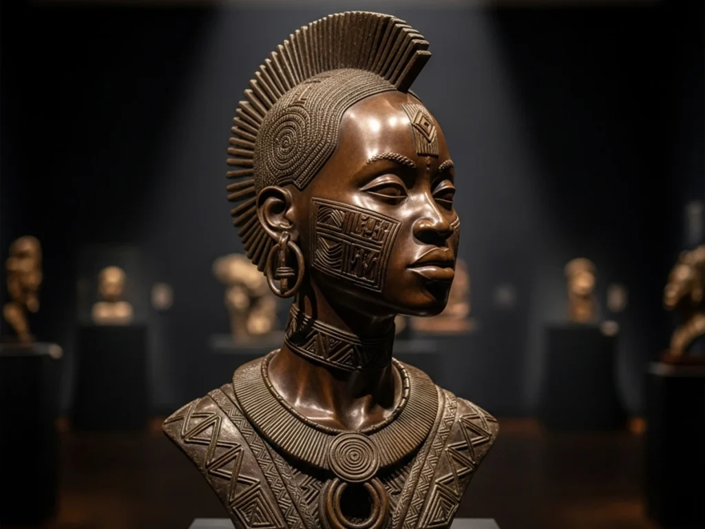 African style bronze bust sculpture featuring tribal symbolic hair pattern design
