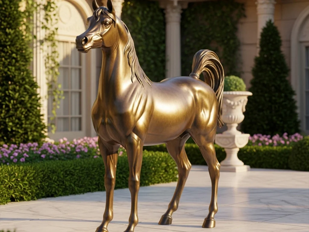 Elegant bronze Arabian horse statue featuring refined facial profile and elevated tail carriage in luxury garden setting.
