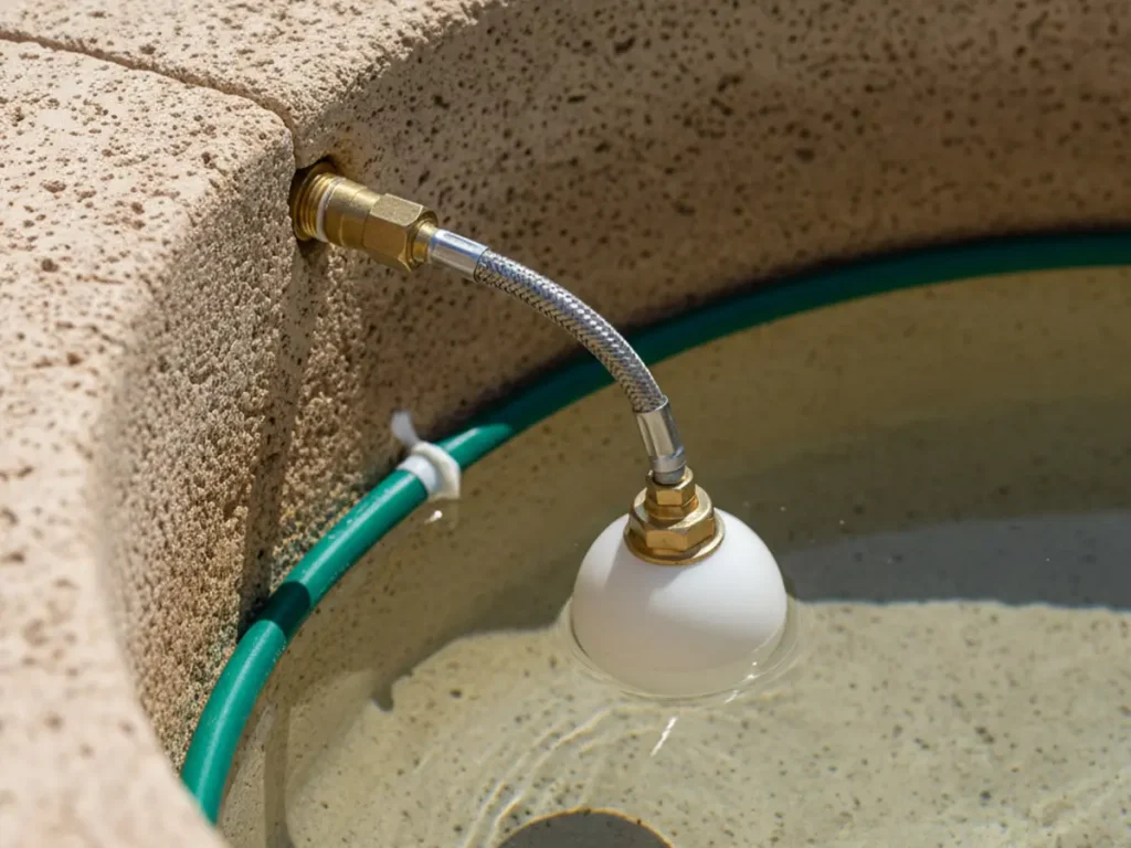 Auto fill valve connected to irrigation water line inside fountain basin to prevent pump running dry.