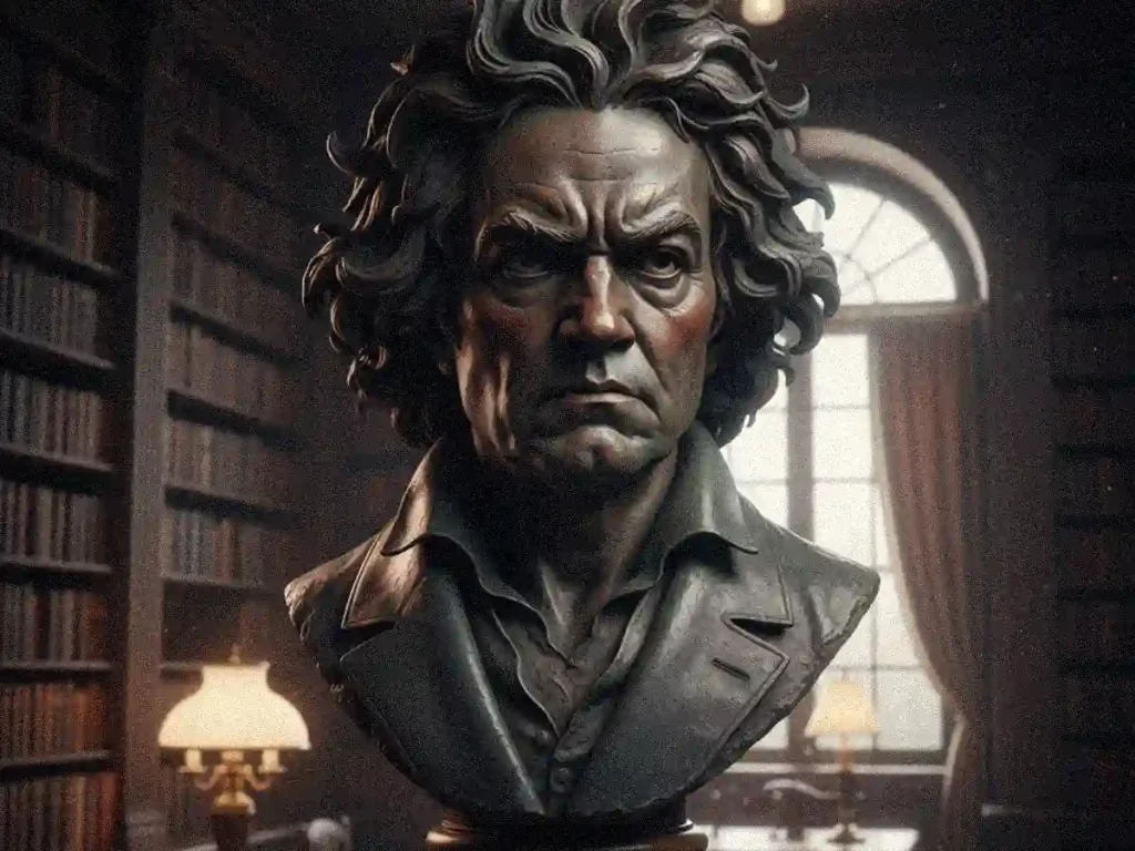 Bronze Beethoven bust sculpture showing dramatic hair and emotional expression