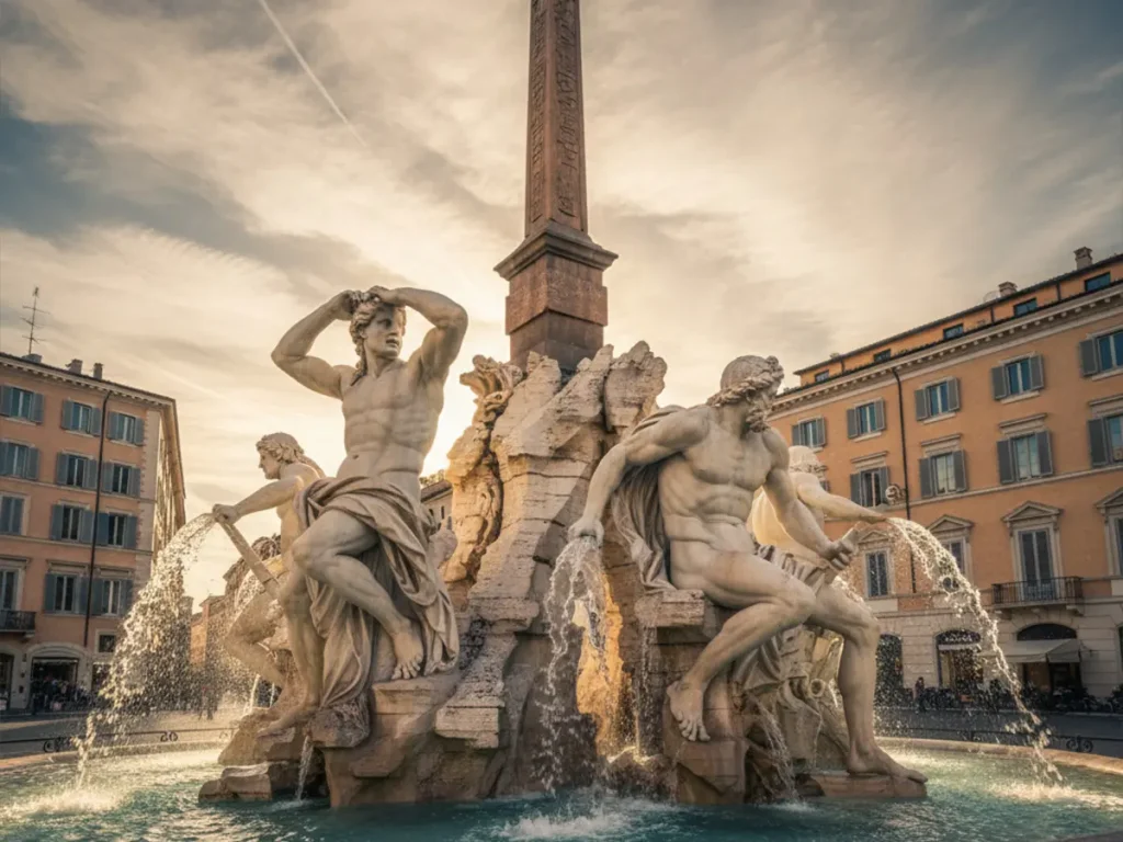 Bernini fountain replica inspired by the famous Italian Four Rivers fountain, featuring dynamic marble river gods and central obelisk
