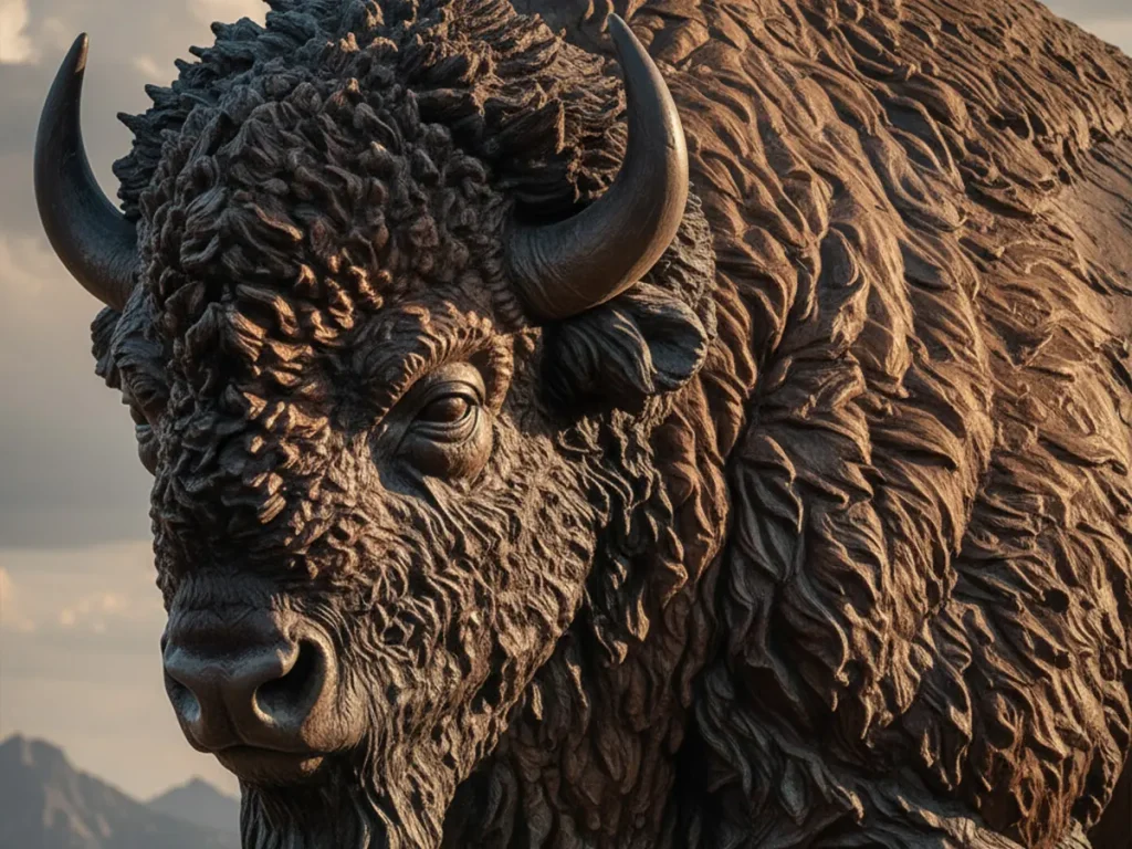 Close-up of bronze bison statue showing layered fur and muscular shoulder detail.