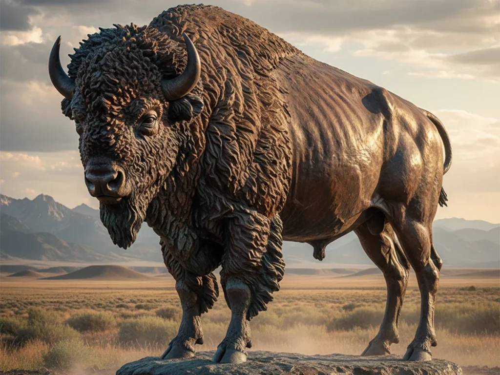 Life-size bronze bison statue with windblown shaggy fur, standing on rugged prairie.